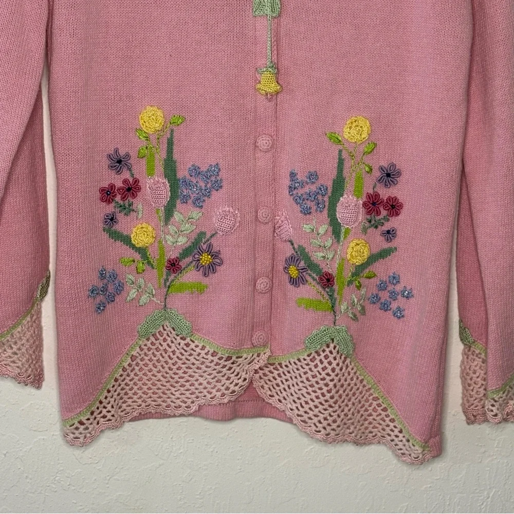 Storybook Knits Women XS Sweater Pink Blossoms Embroidered Spring Easter Buttons